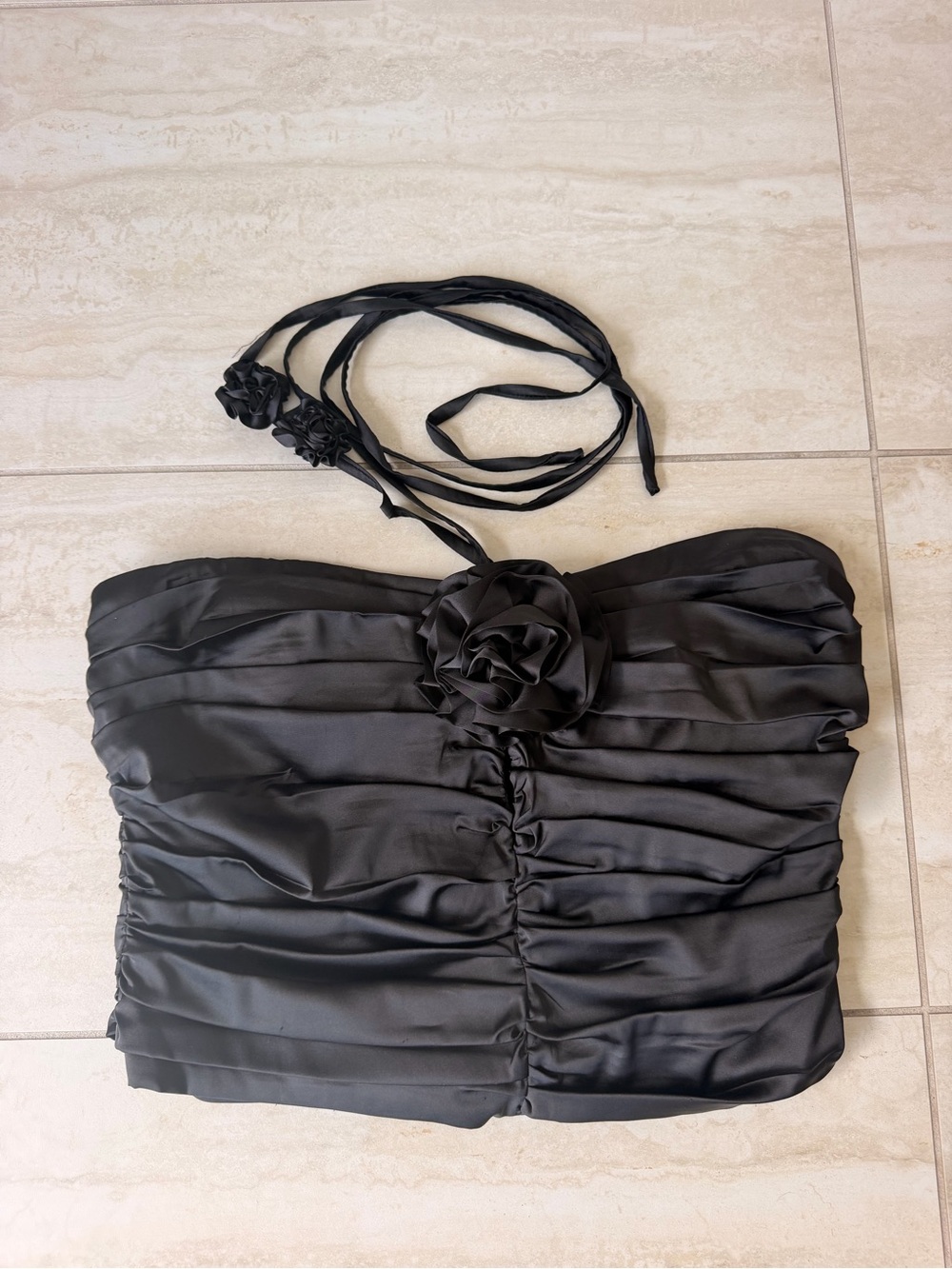 Black Satin Strapless Ruched Crop Top with Floral Rosette